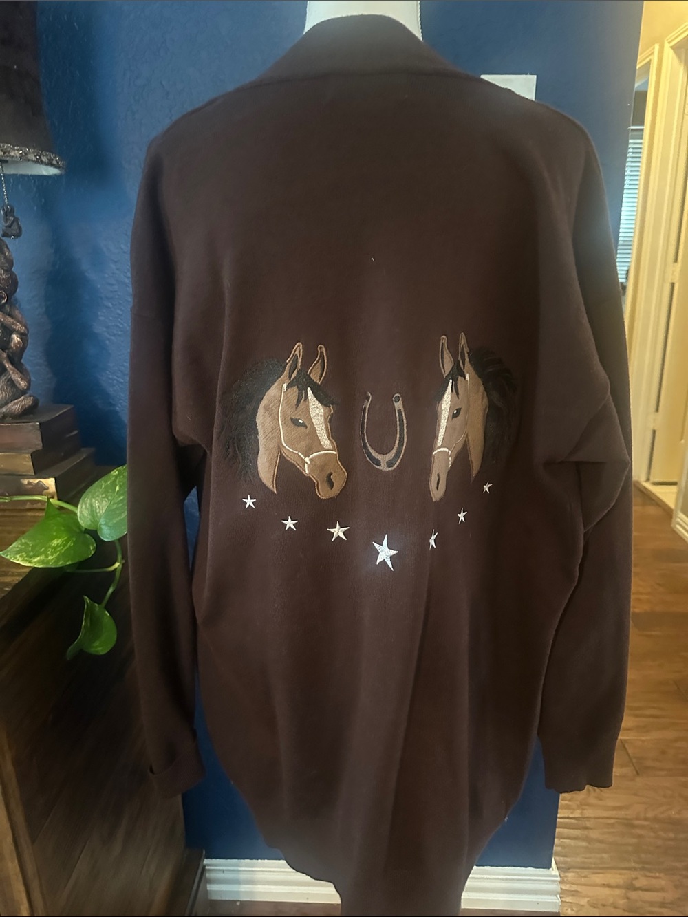 Women's Brown Horse Graphic Cardigan Sweater Size M